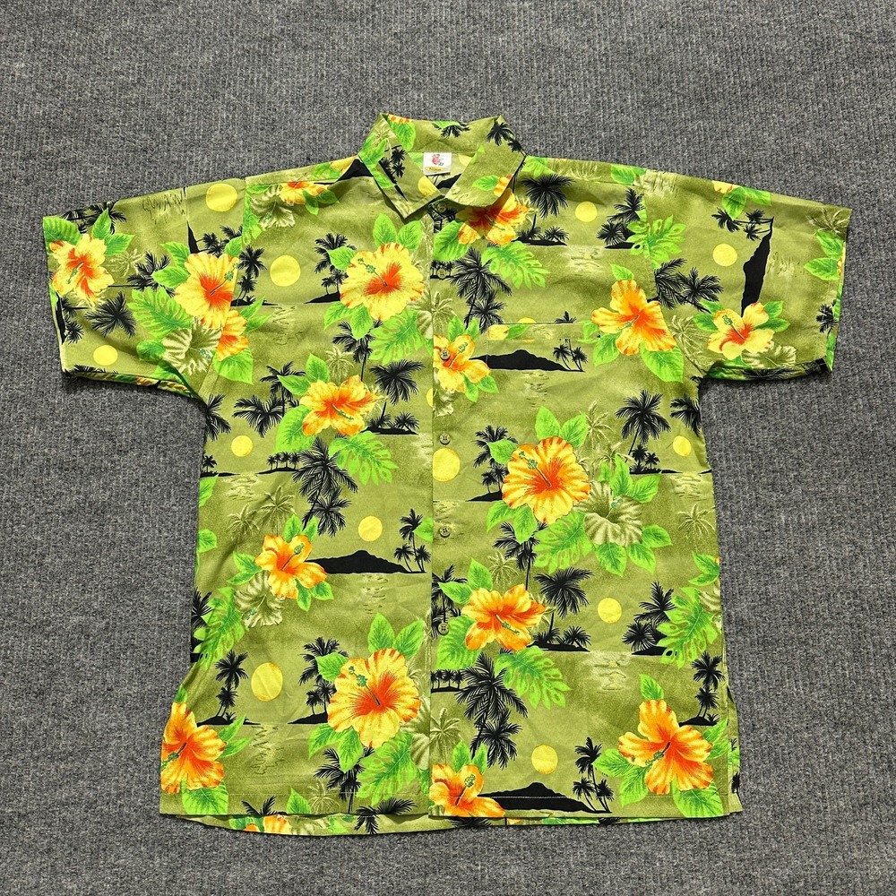 Rima Mens Button Up Shirt Size Medium Green Floral Short Sleeve Beachwear